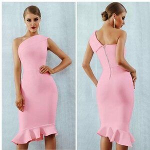 Bandage bodycon Dress One Shoulder Sleeveless Ruffles Party Mermaid pink M